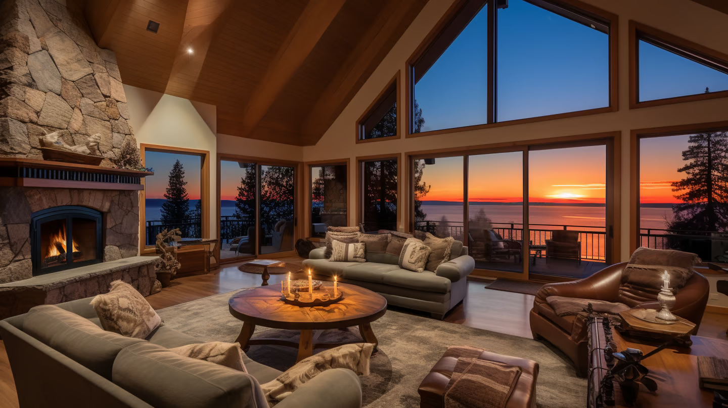 A living room with large window overlooking lake water, cozy furniture in time of sunset