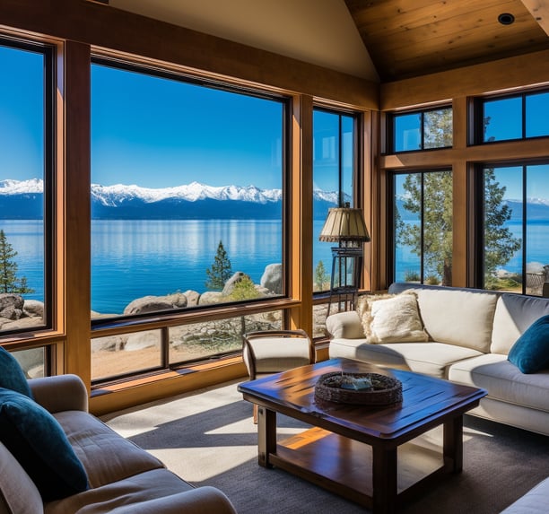 A living room overlooking lake and mountains. A living room overlooking lake and mountains.