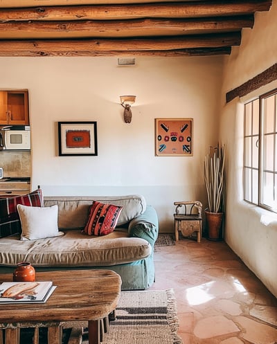 a living room with a couch and a table in santa fe