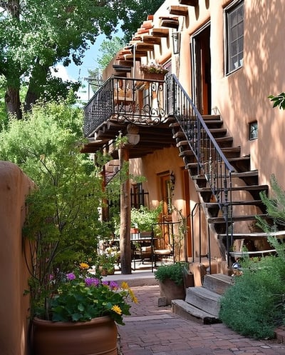 a staircase leading to a patio with potted plants in santa fe