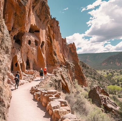 a group of people walking down the path of bandelier national monument