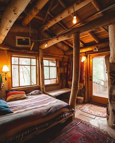 a wooden cabin with a bed inside a forest in santa fe