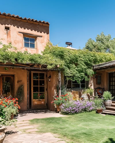 a house with a large garden and a stone patio in santa fe
