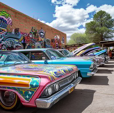 a group of painted cars parked in front of a building