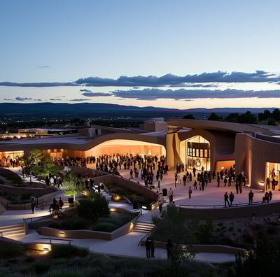 a crowd of people standing around santa fe opera