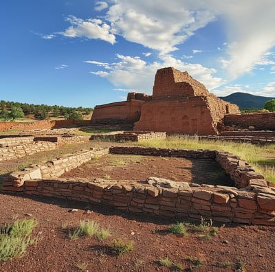 a large brick building with a small tower in the background