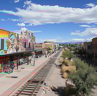 a train station with mural paintings on the side