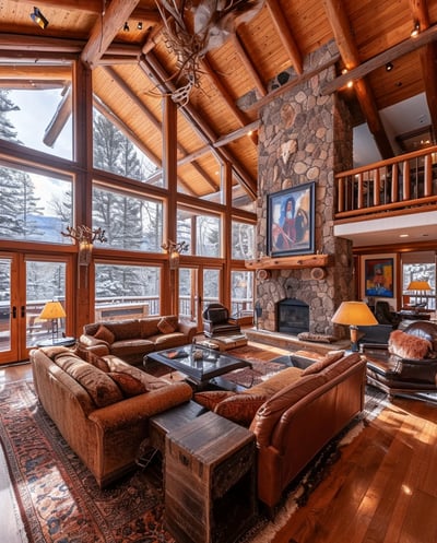 a large living room with a stone fireplace in santa fe