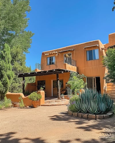 a house with a brown roof surrounded by trees in santa fe