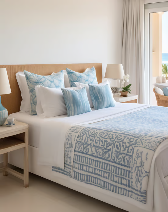 a comfortable bed with a blue and white bedding and pillows in Hotel Marine Blue a comfortable bed with a blue and white bedding and pillows in Hotel Marine Blue