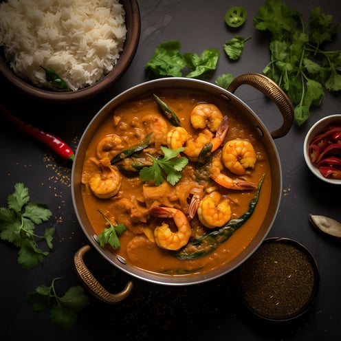 a pan of goan prawn curry with rice and vegetables a pan of goan prawn curry with rice and vegetables