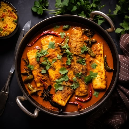 a pan seared fish curry in a pan with vegetables a pan seared fish curry in a pan with vegetables