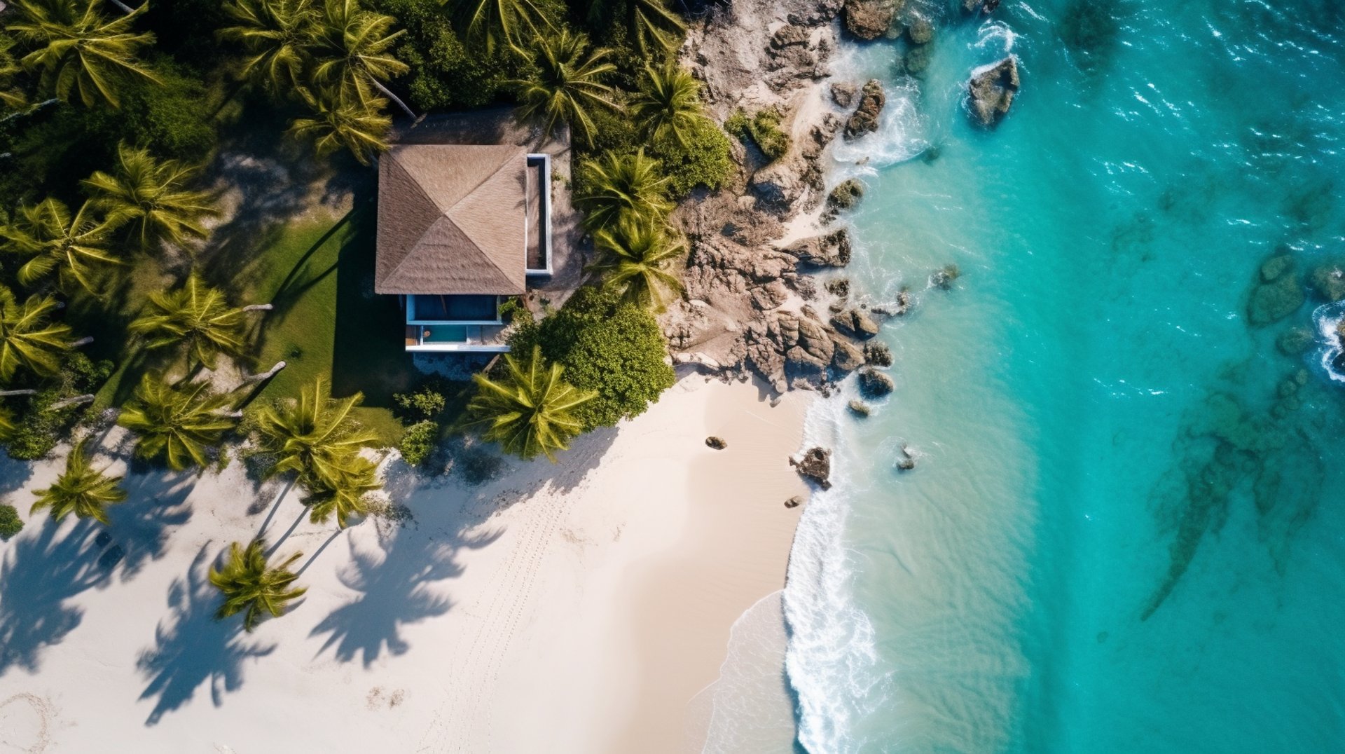 Aerial view of a luxury beachfront villa surrounded by palm trees, with clear turquoise waters and sandy shores, depicting the Sea Turtle Villa high-end accommodations. Aerial view of a luxury beachfront villa surrounded by palm trees, with clear turquoise waters and sandy shores, depicting the Sea Turtle Villa high-end accommodations.