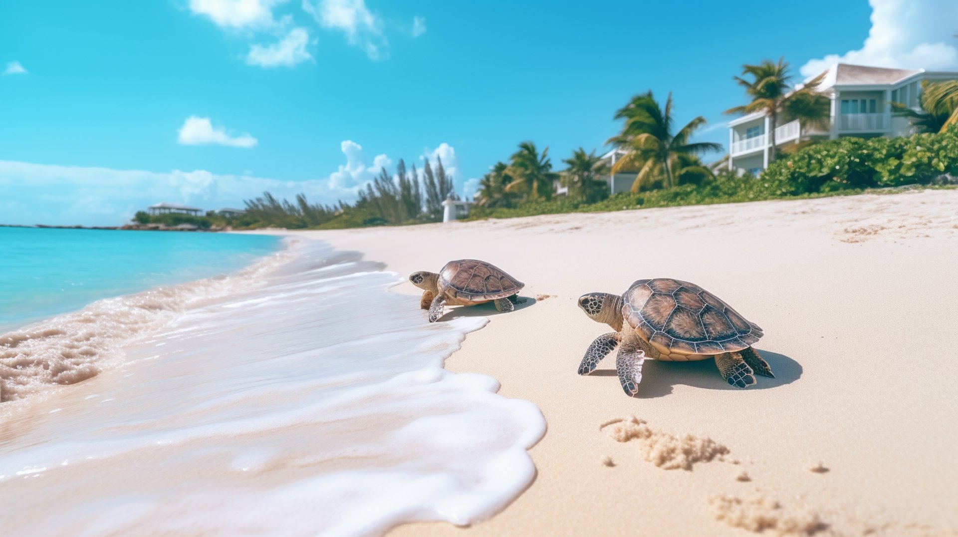 Two sea turtles on a sandy beach near luxurious Sea Turtle Villa beachfront accommodations, with ocean waves gently rolling onto the shore. Two sea turtles on a sandy beach near luxurious Sea Turtle Villa beachfront accommodations, with ocean waves gently rolling onto the shore.