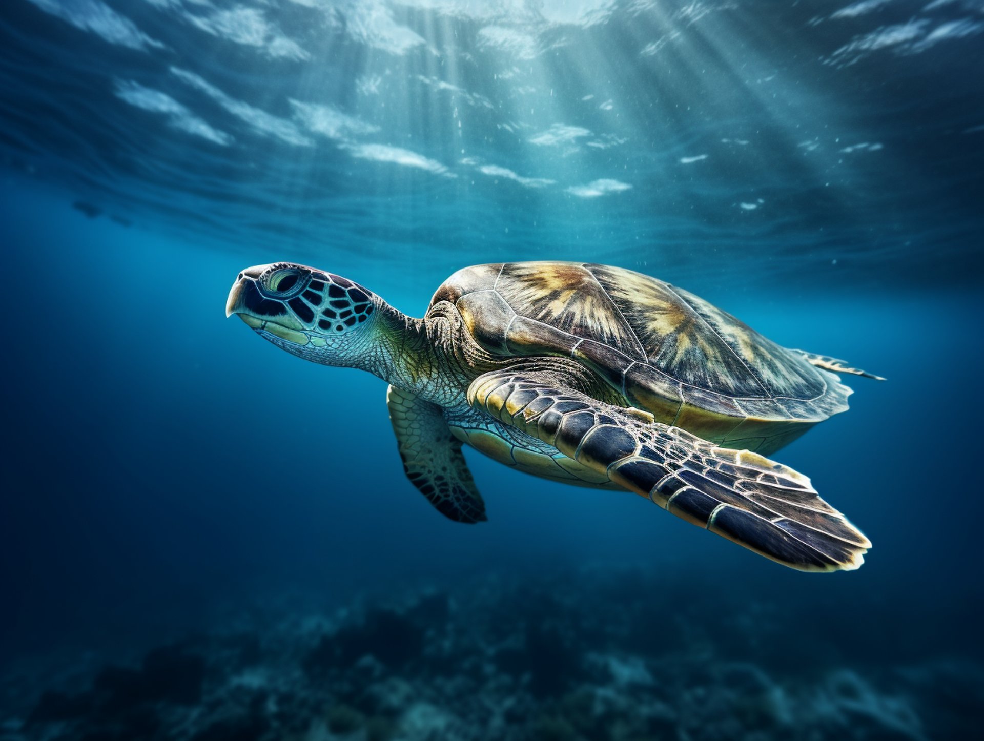Sea turtle swimming underwater with sunlight filtering through, representing luxury beachfront accommodations at Sea Turtle Villa. Sea turtle swimming underwater with sunlight filtering through, representing luxury beachfront accommodations at Sea Turtle Villa.