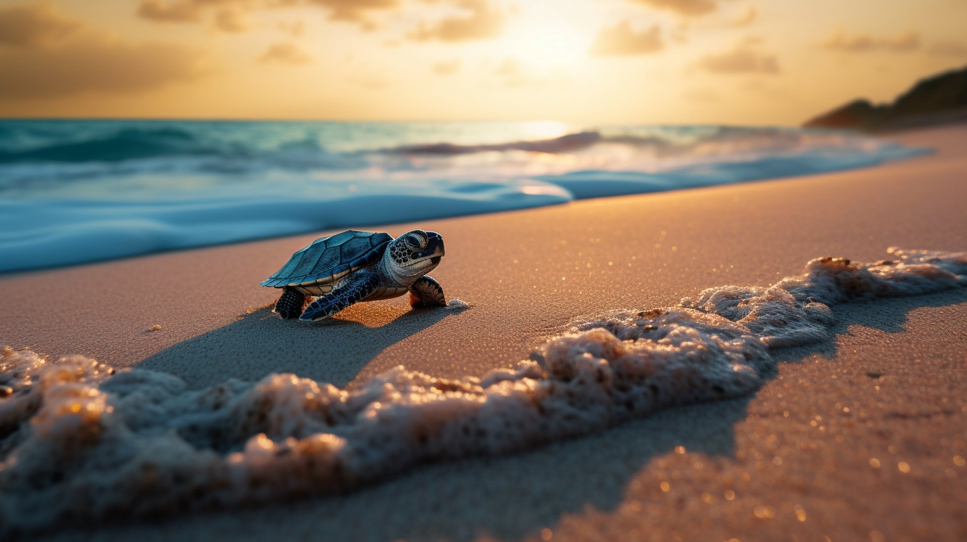 Baby turtle on a sandy beach at sunset, with ocean waves and foam. Baby turtle on a sandy beach at sunset, with ocean waves and foam.