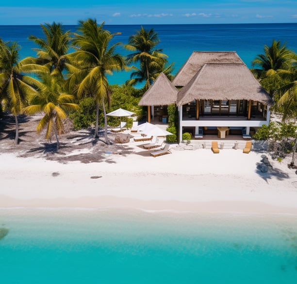 A beach with a thatched roof and palm trees A beach with a thatched roof and palm trees