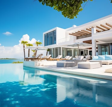 A large pool with a lounge area and a lounge area A large pool with a lounge area and a lounge area
