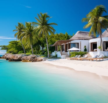 A beach with a white house and palm trees A beach with a white house and palm trees