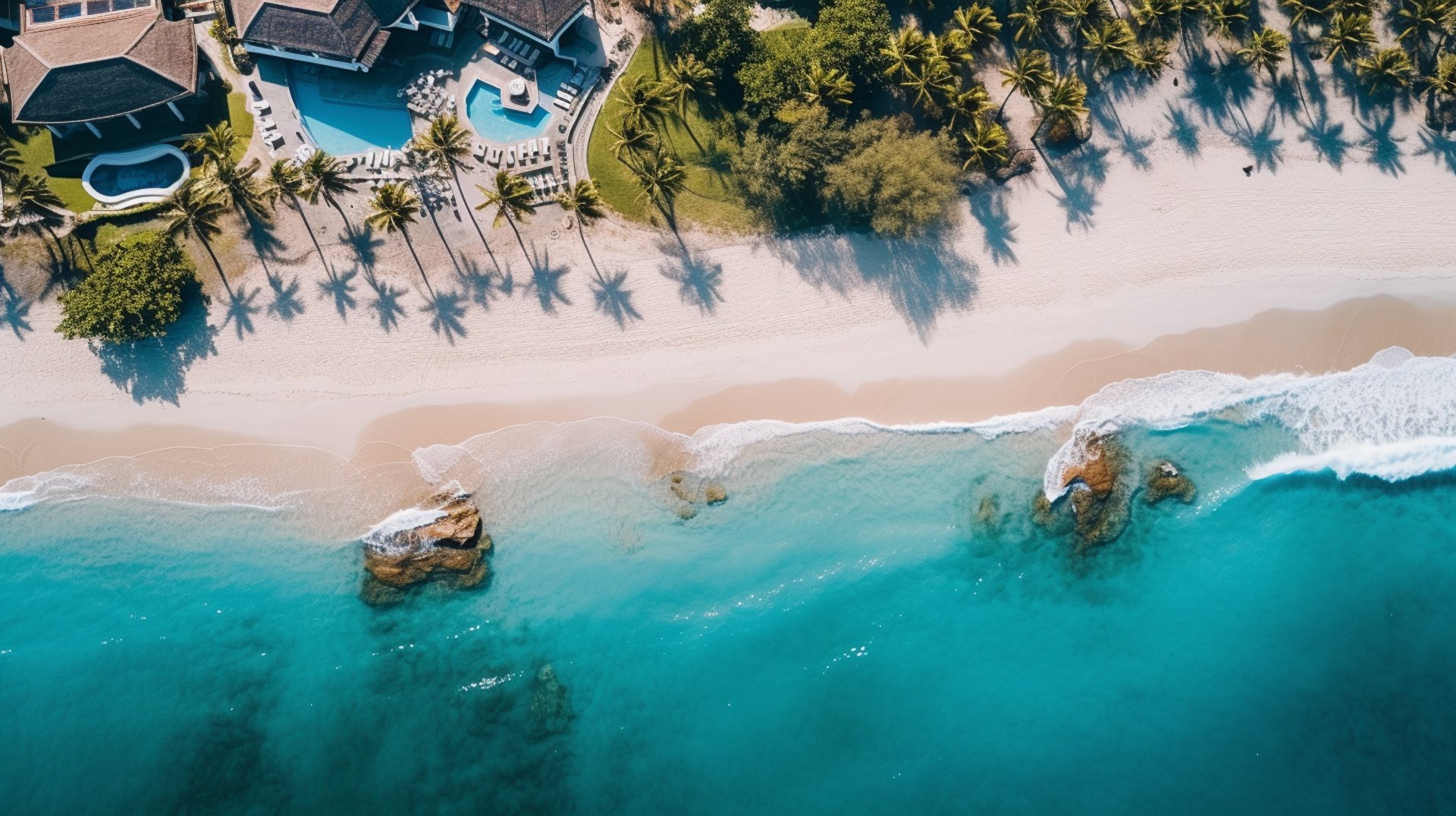 Aerial view of a coastal resort with palm trees, a sandy beach, and clear blue waters. Aerial view of a coastal resort with palm trees, a sandy beach, and clear blue waters.