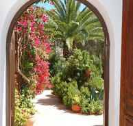 A doorway with a view of a garden