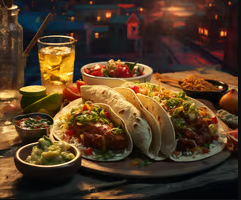 Savory taco feast with a cityscape at dusk Savory taco feast with a cityscape at dusk