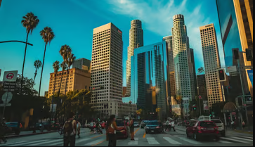Vibrant street life amidst the towering Los Angeles skyline