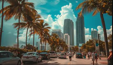 Miami's bustling streets framed by tropical palms and skyscrapers