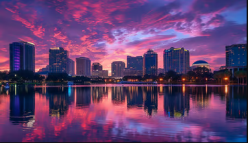 Dramatic sunset over Orlando's reflective skyline