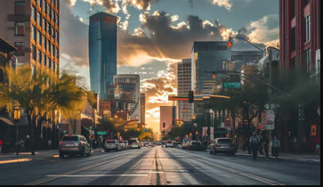 Sunset casting golden hues over Phoenix city streets