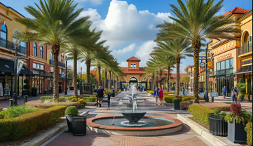 Lively promenade lined with palm trees in Kissimmee, Florida