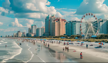 Scenic Myrtle Beach with ferris wheel and bustling shore