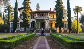 Sunset view of an elegant estate with lush gardens