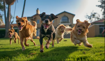 Joyful dogs frolicking on a sunny lawn