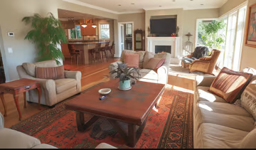 Cozy living room basking in warm sunlight
