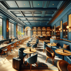 Interior of a restaurant with blue walls and matching blue chairs.