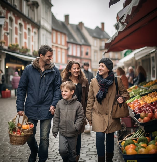 A family strolling through a bustling market, surrounded by colorful produce and vibrant activity.