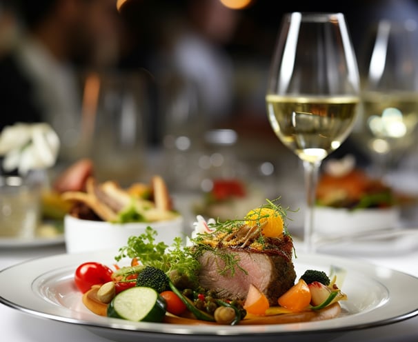 A table set with a plate of food and wine glasses.