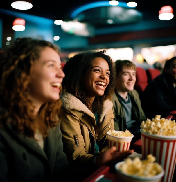 A group of young people happily eating popcorn while watching a movie together.