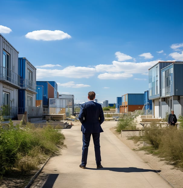 Businessman in suit poses in front of lined shipping containers.