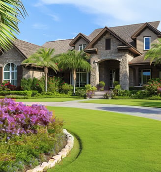 A picturesque home with a vibrant green lawn and well-maintained landscaping, creating a serene and inviting atmosphere.