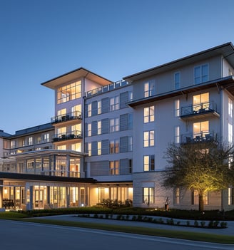 Nighttime view of resort with illuminated lights, creating a picturesque scene.