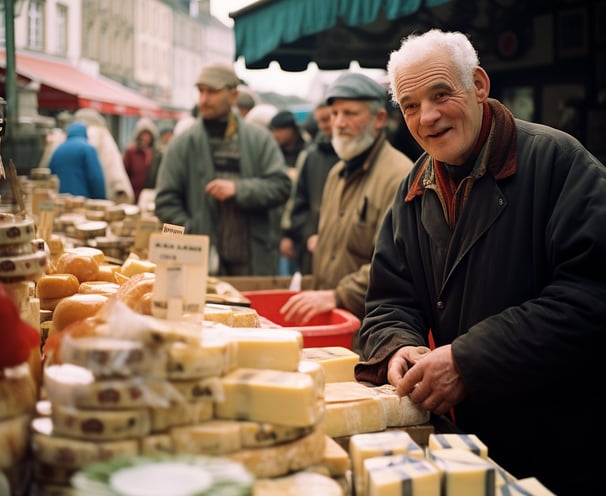 An elderly man happily poses next to a stack of cheese (shop).