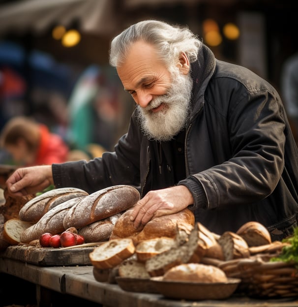 An elderly man with a long beard stands before a table adorned with various types of bread.
