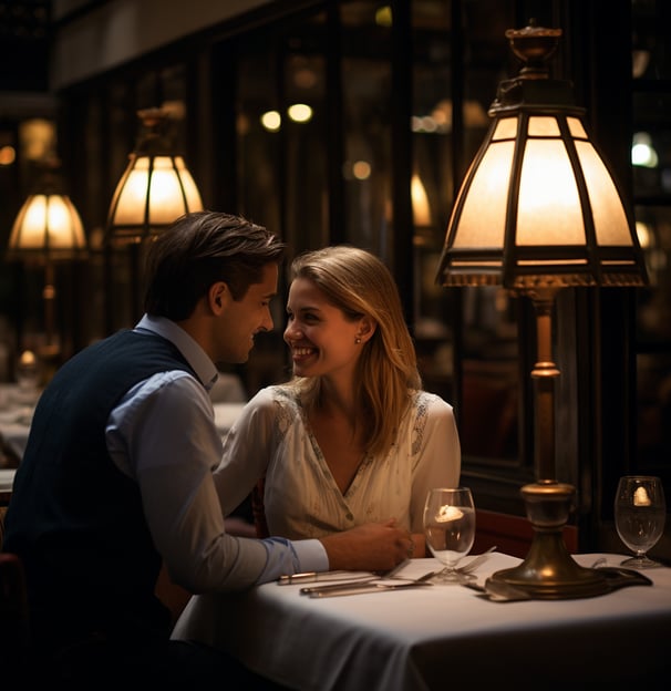 A romantic dinner scene with a man and woman seated at a restaurant table.