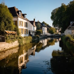 A picturesque canal in a quaint town, flanked by charming houses on both sides.