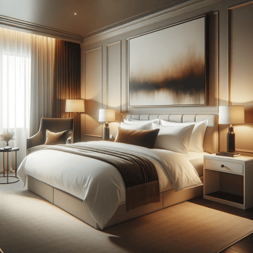 Interior of a bedroom with bed, chair, lamp, and painting.