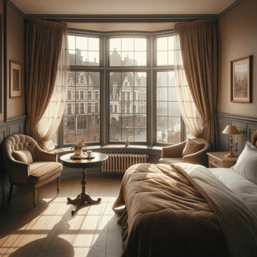 Cozy bedroom with bed and big window.