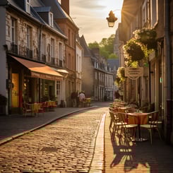 A bustling town street with tables and chairs set up for outdoor dining, creating a lively atmosphere.