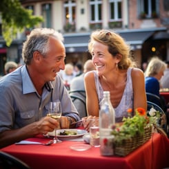 A smiling man and woman are seated at an outdoor restaurant table with red tablecloths, sharing a meal and a glass of white wine.